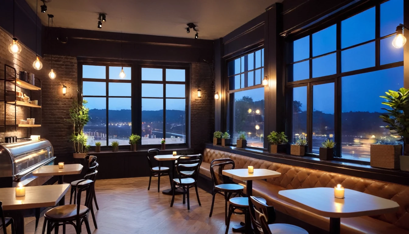 cozy coffee shop interior at night with a big window in the center