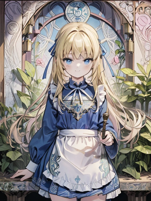 masterpiece, Highest quality, Very detailed, 16K, Ultra-high resolution, Cowboy Shot, Alice in Wonderland, (art nouveau:1.5), , Detailed face, smile, blue eyes,Blonde, Long Hair, Ribbon on head, Blue clothes, White apron, In a room with a big clock