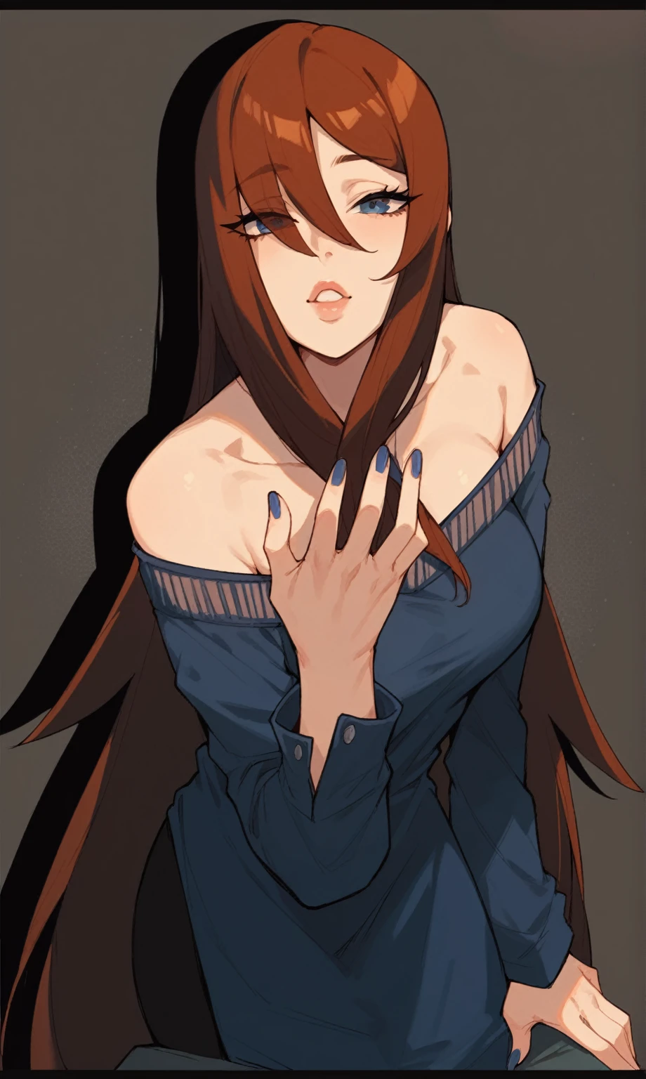 1 girls, Blue shirt, Long hair, Beautiful face, Big breasts, high-detail 