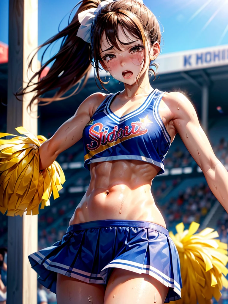 Highest Resolution,Highest quality,((Cheerleader holding a sports drink)),sunny,Tears and saliva dripping,Brown hair ponytail,Sweating profusely,whole body,Belly button,Abdominal muscles,Crying face,