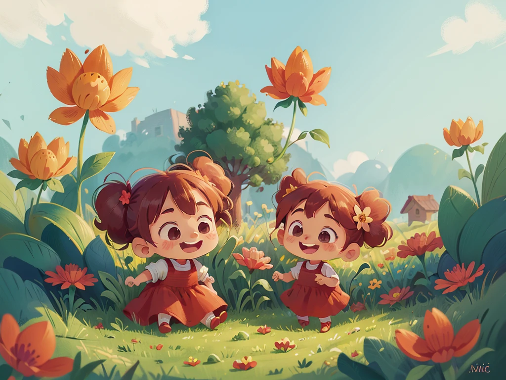 children's illustration style,cartoon illustration,little red flower,grassland,flower,A happy smile