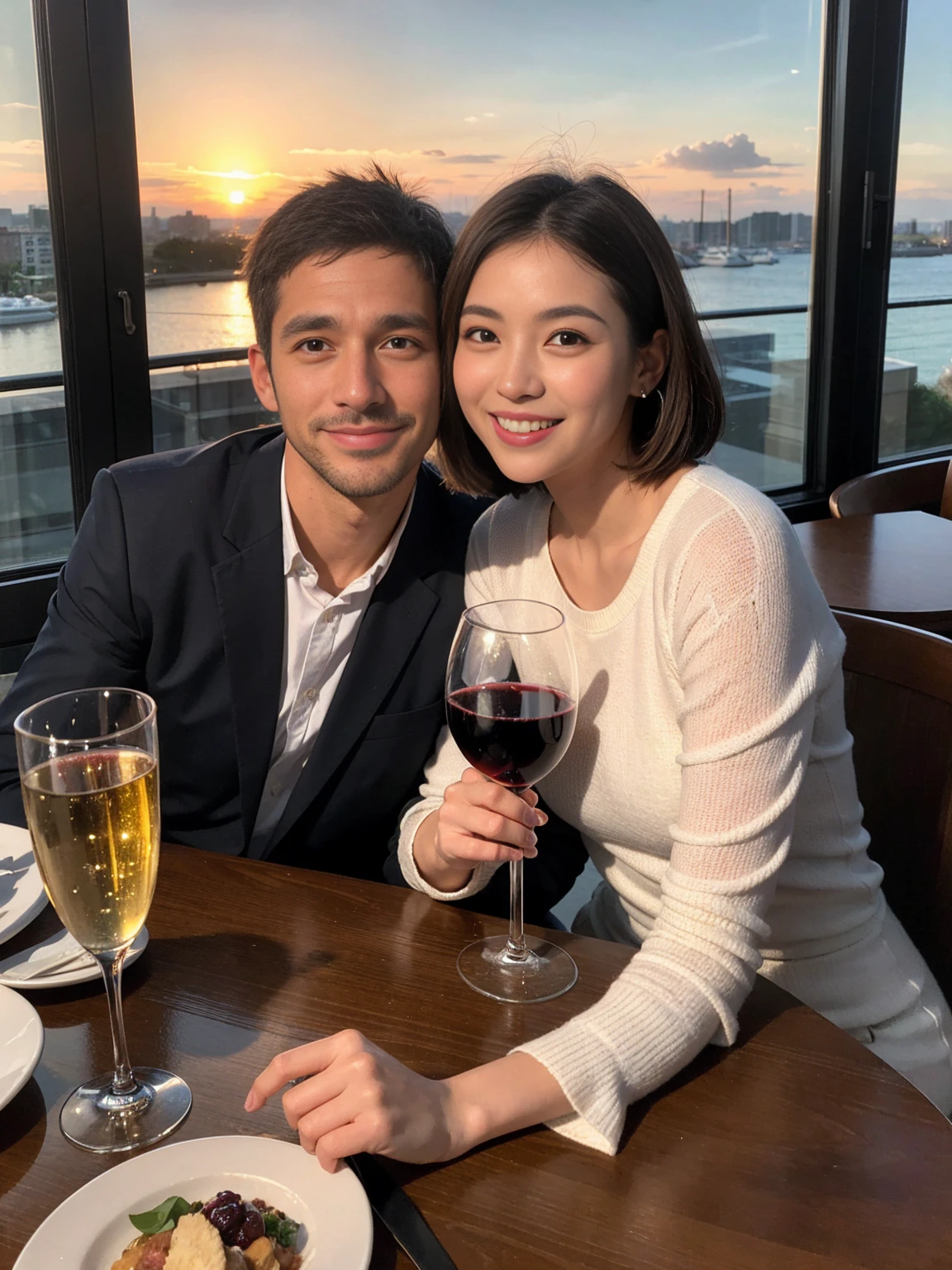 ((Highest quality、、masterpiece:1.3))、 (Genuineistic, Genuine、Bright image、Intricate details:1.2), 最高のsmile、1 male、1 female、Beautiful couple、Love Love Love、fiancee、Good friends、actress couple、smile、Full-course dinner at a packed table、 (Slim face), (the body is slim), (Brown Hair), (short hair), テーブルのwine glass、Please shine a light on my face、 Amazing view of the sunset sky and clouds、 39 years old, red wine 、Appetizers、Wine bottle、sparkling wine、Long sleeve shirt、dress、White wine, red wine, wine glass,