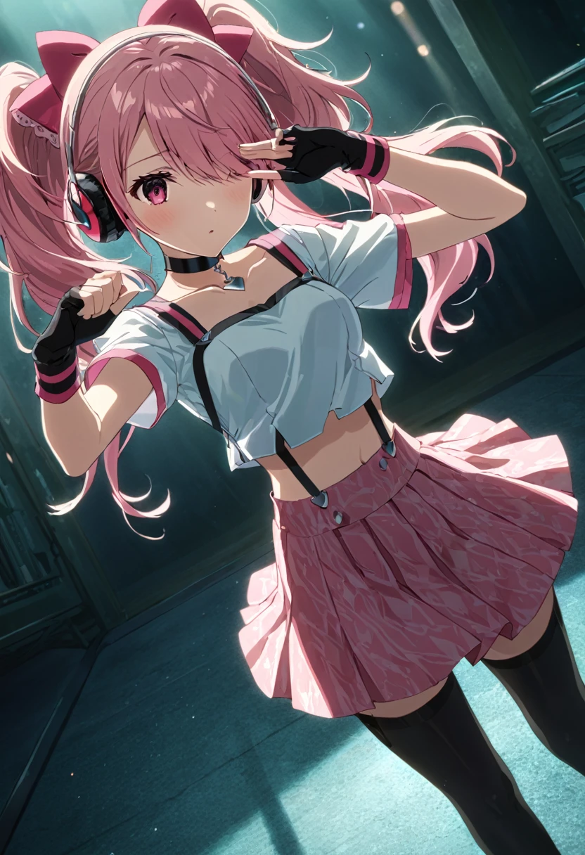 ,(mediumshot:1),kujikawadancing, twintails, hair bow, headphones, white shirt, crop top, short sleeves, suspenders, pink skirt, black thighhighs, fingerless gloves, single glove, choker, midriff,v-over eyes,,cinematic angle, anime screencap:0.8, official art, masterpiece, best quality,UHD,HDR,aesthetic,very aesthetic,,