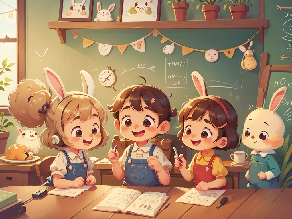 cute countertop,indoor scene,old-fashioned telephone,facial details,cute,little rabbit,children's illustration style,cartoon illustration,Only animals,no one,Simple background,A happy smile