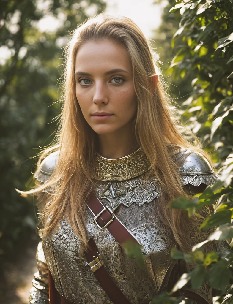 ​masterpiece, a beautiful elf knight (Adriana Malkova:1.0), bright eyes, blond hair, broad shoulders, strong body, Detailed pale skin with light freckles, highly detailed, filigree elven armor, outside, (Skin texture:1.1), best quality, Ultra high resolution, RAW-Foto, Nikon D850, Contre-Jour, rim light, bright sunlight, film grain:1.2, (warm hue, Warmer ton:1.2), (color photo), Fantasy landscape background