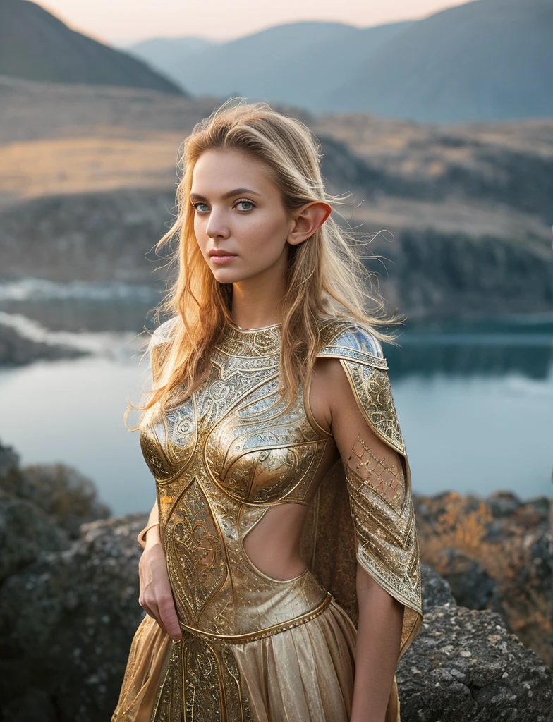 ​masterpiece, a beautiful elf knight (Adriana Malkova:1.0), bright eyes, blond hair, broad shoulders, strong body, Detailed pale skin with light freckles, highly detailed, filigree elven armor, outside, (Skin texture:1.1), best quality, Ultra high resolution, RAW-Foto, Nikon D850, Contre-Jour, rim light, bright sunlight, film grain:1.2, (warm hue, Warmer ton:1.2), (color photo), Fantasy landscape background