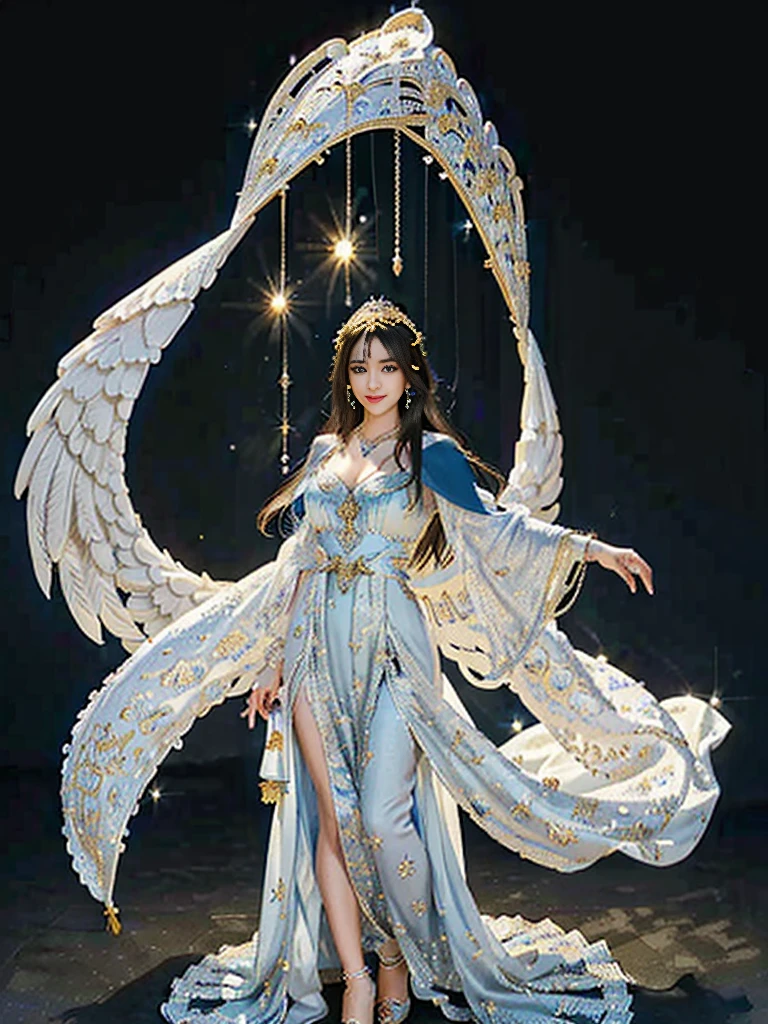 ((Very beautiful angel queen,The final form as a perfect angel, the masterpiece of an angel,Huge and intricate angel wings,The most dignified wings,Golden light,shining background,The most opulent and holy temple background,White and gold temple background,King of Angels, The most dignified angel, ((extremely detailed beautiful dresses)), (Intricate and solemn dresses, Light blue and gold embellishment dress on white, Light blue and gold dress on white base), (The most intricate and beautiful dresses, dresses decorated with some expensive jewels), ((extremely detailed gorgeous jeweled necklace)), Complex and majestic angel figure, The most intricately depicted figure of an angel, The World's Most Beautiful, Unimaginable beauties, (slim figure, attractive body shape, divine atmosphere), (smooth thin hair very fluttering in the wind, shiny hair), Intricate reproduction of the perfect angelic detail, The figure of an unimaginably gorgeous angel, The figure of an unimaginably huge angel)),((Most beautiful face, Half Japan and half Spanish, The biggest happy smile, The most luxurious and intricate dresses, The biggest smile looking at the camera)), Beautiful firm cleavage, beautiful clavicle, (Beautiful firm medium breasts), (Elegant standing figure, Fold your hands in front of your navel,)),Chest that seems to burst, Giant wings of angels, The background is the appearance of a perfect angel castle,Masterpiece,8K,very intricate, ultra detailliart, captivating and visually stunning piece of fractal art featuring, created by a renowned artist, vibrant colors. Formal artistic quality with strong aesthetic appeal.
