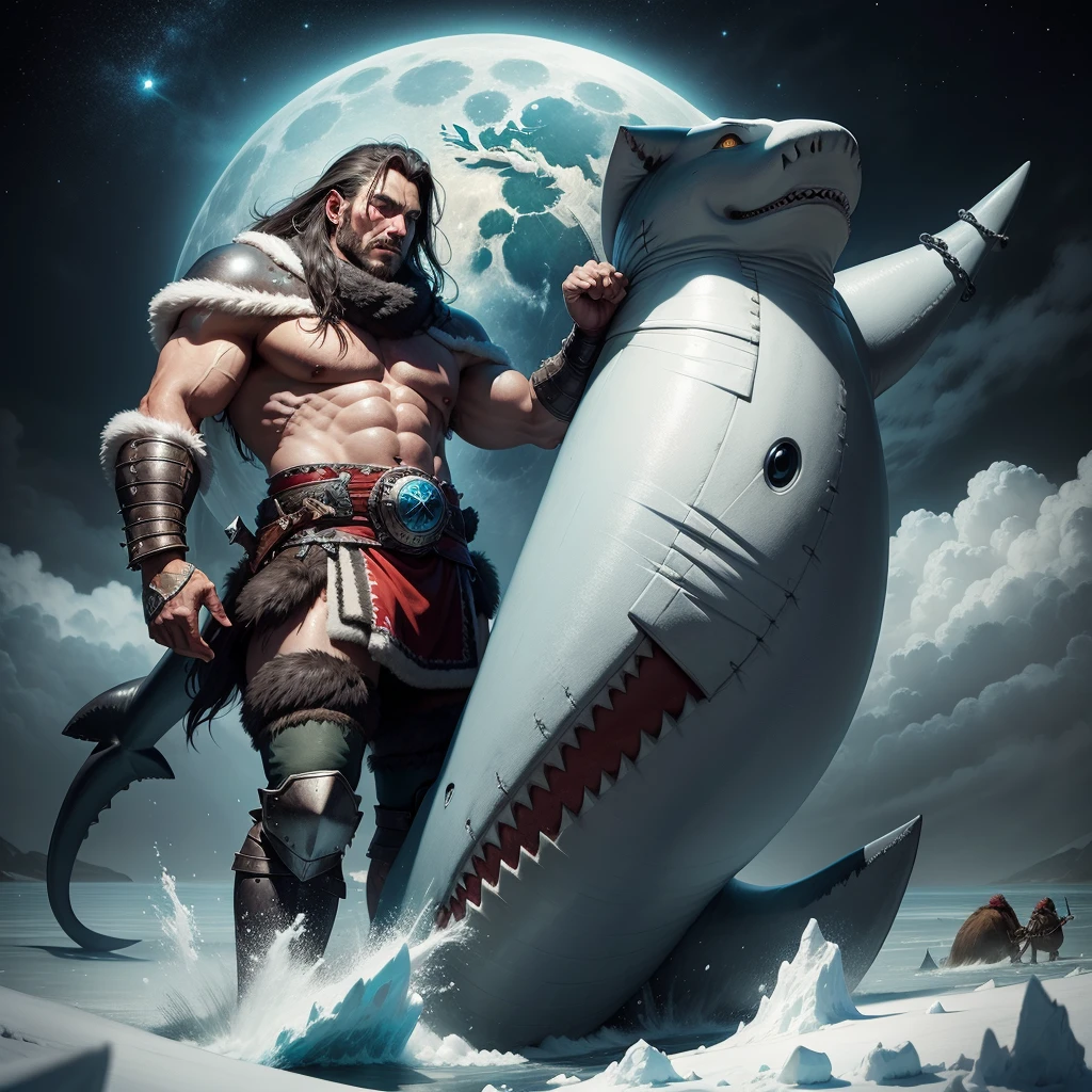 iceage war (warriors, big polar, shark, ) realism oil painting (earth, super big moon)