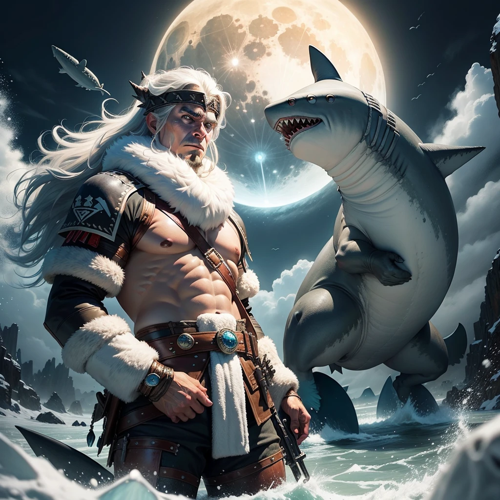 iceage war (warriors, big polar, shark, ) realism oil painting (earth, super big moon)