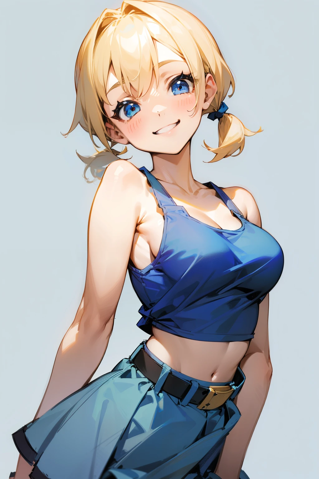 Cute girl, short blonde hair, pigtails, blue eyes, blue dress, blue tank top, wide black belt, short blue skirt, big breasts, smile 