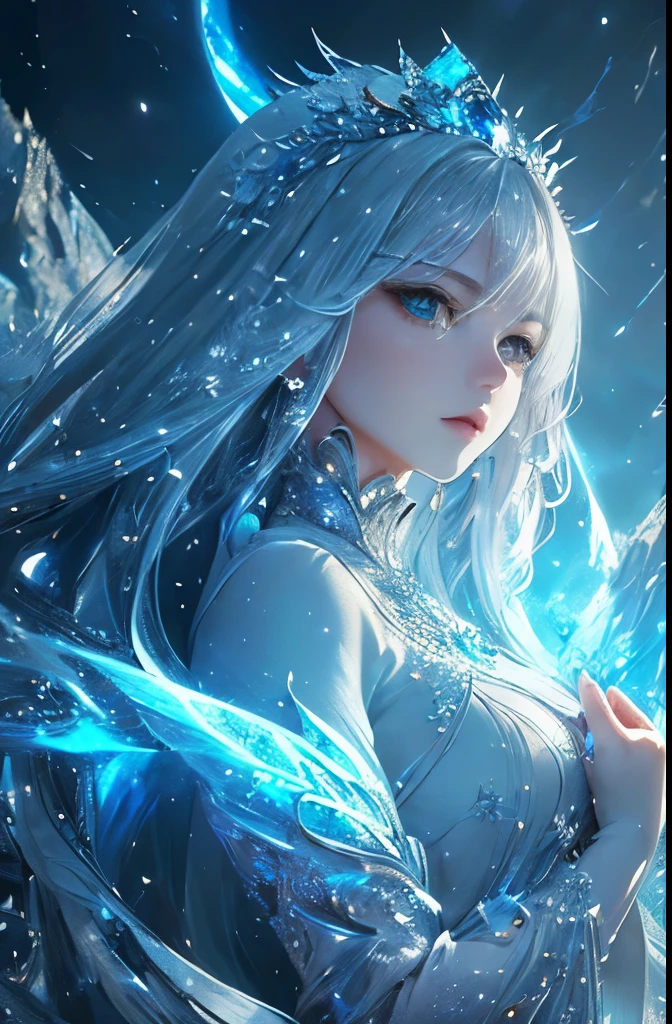 platinum tone、((masterpiece)))、(((top-quality)))、((ultra-detailliert))、(A hyper-realistic)、(highly detailed CGillustration)、light Particle、Halo、Official art、Fractal Art、snow palace、Moscow at the beginning of the 20th century、blizzard、Full body luminescence、Queen of snow、Cool Beauty、Adult woman in her 40s、Slender eyes、sharp gaze、sapphire eyes、sophisticated menegance、Gorgeous beauty、Activation of blizzard magic that freezes everything、gorgeous dress、diamond encrusted solo、Perfect Angle、perfect-composition、dynamicposes