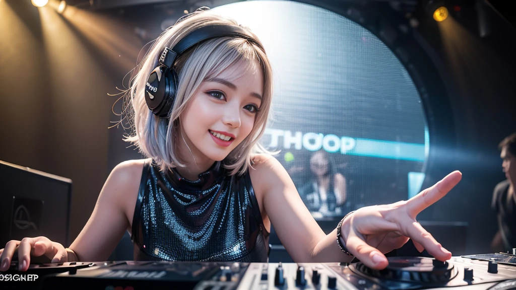 (ultra - detailed, 16K resolution, Cinema lenses, rendering by octane), (high resolution:1.18), intricate detail, (masterpiece:1.1), (highest quality:1.1), (1girl, portrait, white hair, blue eyes, short hair, detailed eyes),Wearing silver DJ headphones, Shiny silver sequined T-shirt, (Iconic hip-hop pop costumes:1.3), Smile while DJing on stage, full body shot of, The spotlight shines on the female DJ. Photorealistic photography by Disco Lighting, (cute round face:1.3), perfect fingers, five fingers, beautiful hands, perfect hands. master peace, cute smile.
