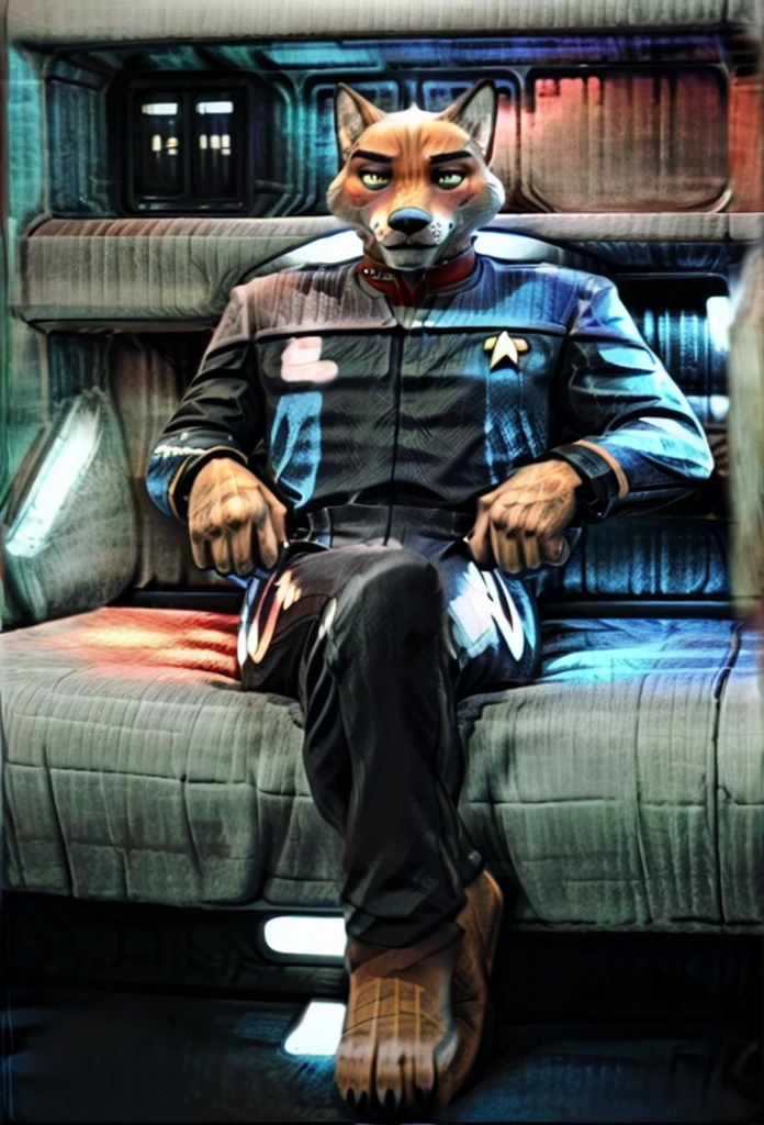 (((Barefoot furry character, full body, cinematic setting, furry male, plantigrade))) 

(((Nick Wilde))) exudes confidence and authority as he sits in the captain's chair, and his (((Star Trek DS9 uniform))) with the Starfleet Delta badge on his chest is a perfect match for his muscular figure. Handsome clawed feet paws dominate the bridge of the star ship and its crew. (((black and grey ds9st uniform with red collar))). Bridge of starship with many screens and consoles as background, futuristic look, metalic. anatomically correct, Long black pants, black shirt with gray shoulders, red collar.

BREAK, intricate details, highly detailed, extreme detail, octane render, fine art, best quality, highres, (detailed face:1.5), ((full_body)), UHD, (((perfect hands))), low light