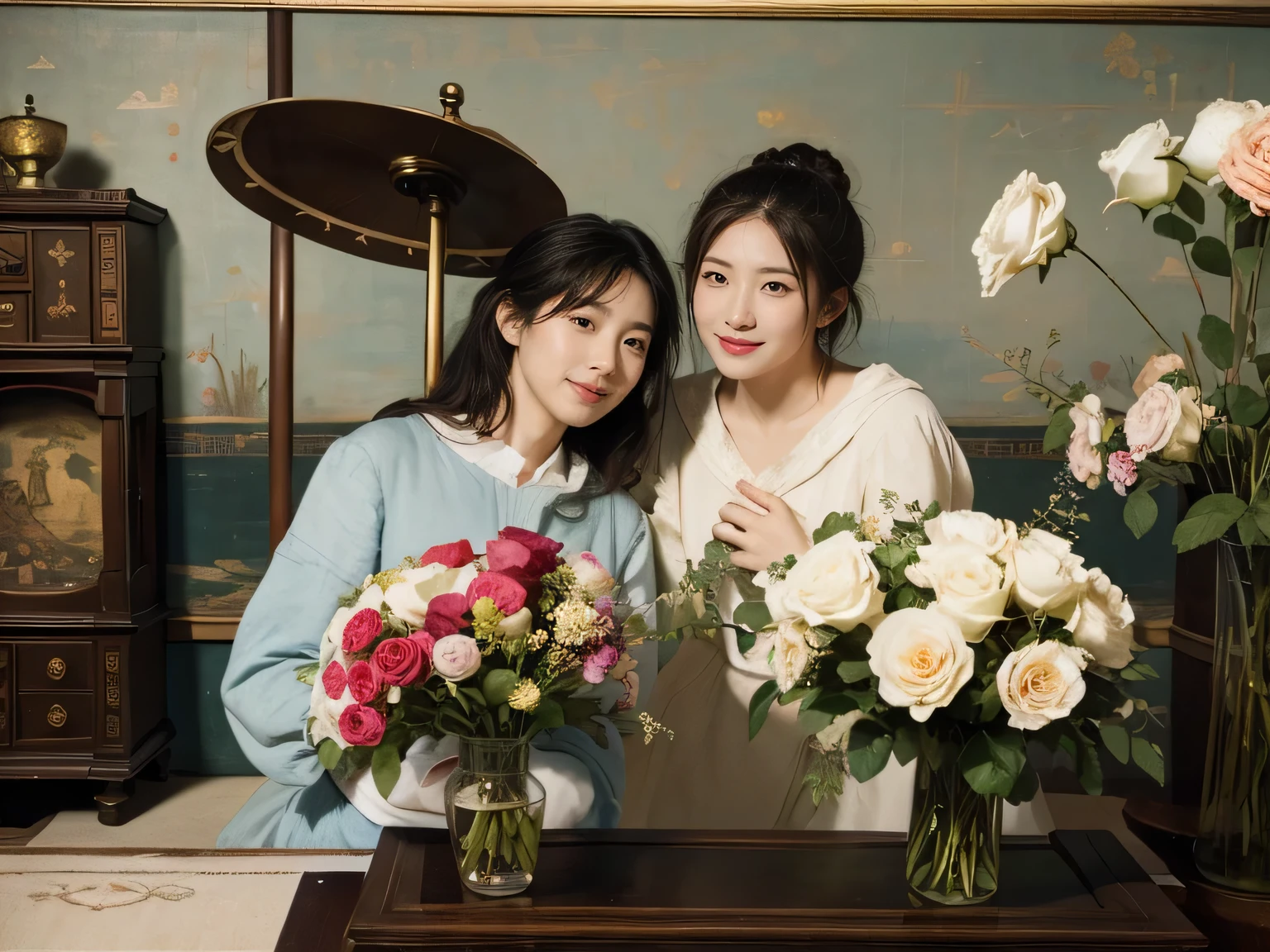James Whistler painting style,Arguments of two female Philosophe,math、astronomical machine、astronaut、roses in vase、fruits、Cute trinkets、smile、ancient