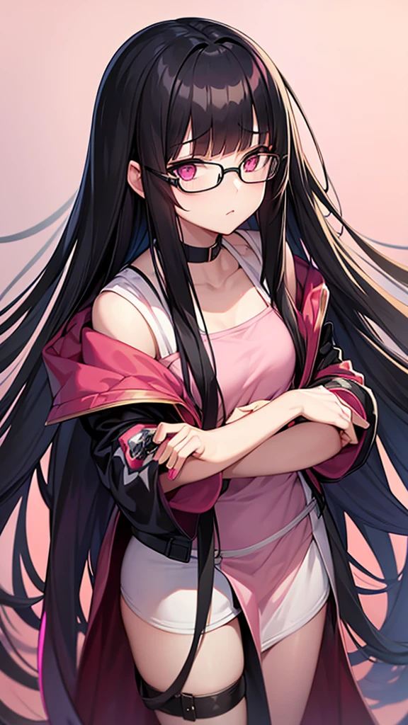 1woman, long hair, black hair, pink eyes, glasses, blunt bangs, Straight hair, loraeyes, loraeyes, anime, 8k, 4k, high Quality,