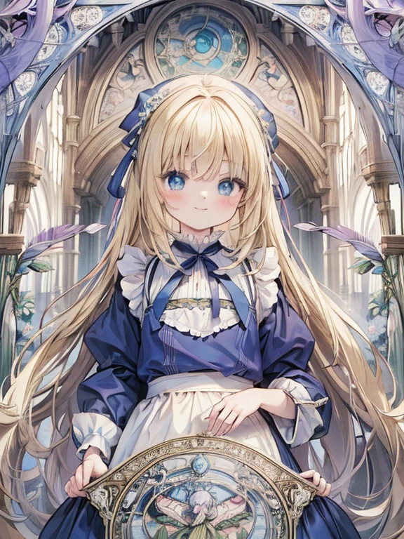 masterpiece, Highest quality, Very detailed, 16K, Ultra-high resolution, Cowboy Shot, Alice in Wonderland, (art nouveau:1.5), 10-year-old girl, Detailed face, smile, blue eyes,Blonde, Long Hair, Ribbon on head, Blue clothes, White apron, In a room with a big clock