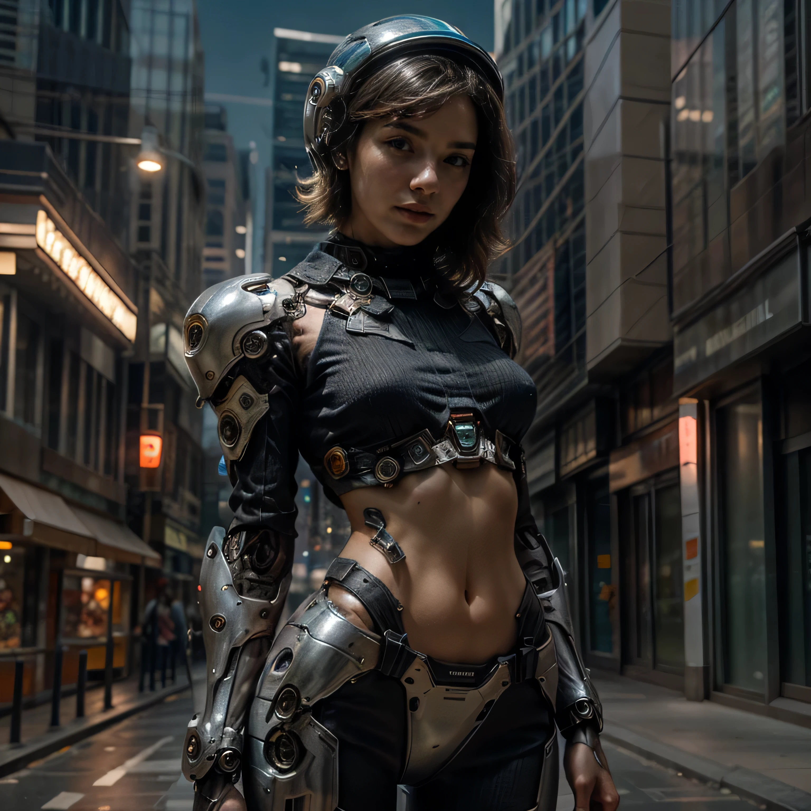 best image quality, excellent details, ultra high resolution, (realism: 1.6), best illustrations, Favor details, condensed 1girl, With a delicate and beautiful face, (Dressed in a silver and blue mecha),((wearing a Mechanical helmet )), Accurately express details such as faces and skin textures,((beautiful face and eyes)), (short hair),slender body shape,alone,medium breast,The background is a high-tech lighting scene of a futuristic city.
