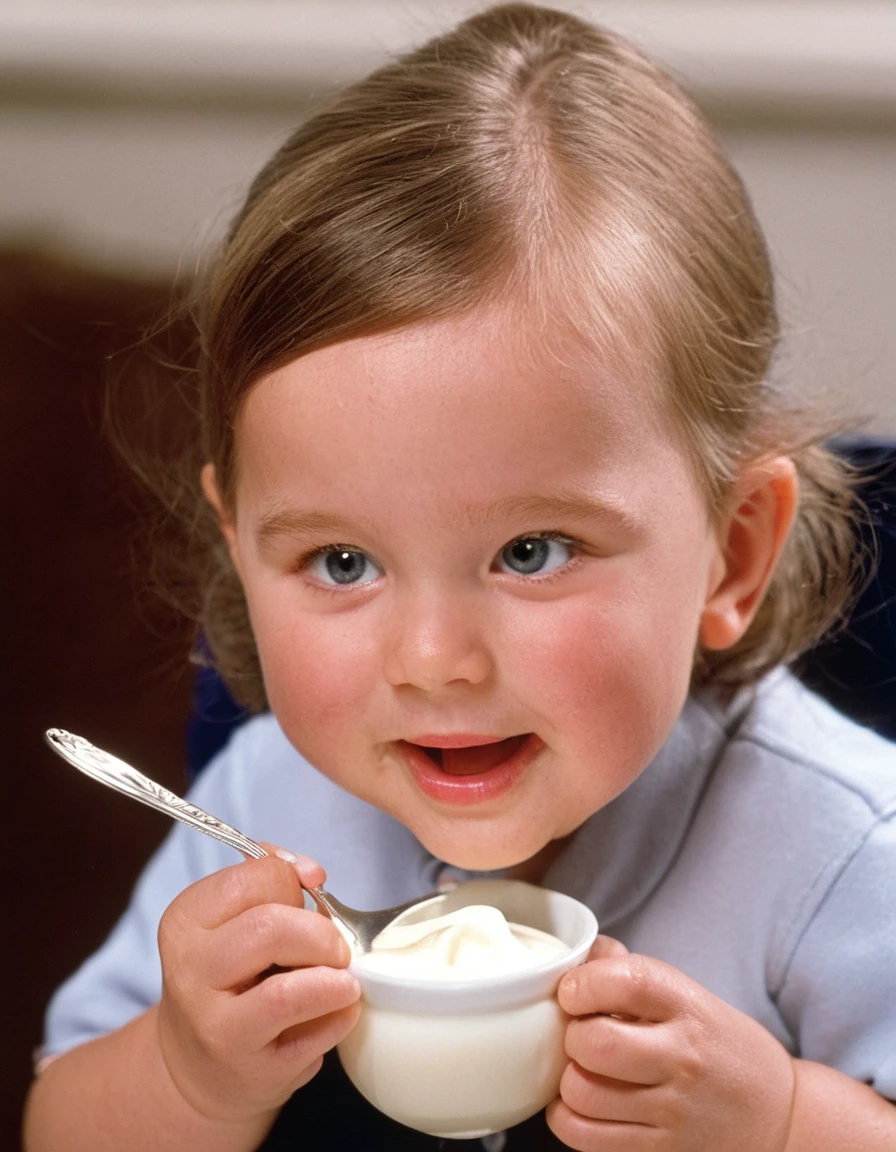 young kate, face, eats yogurt from a spoon