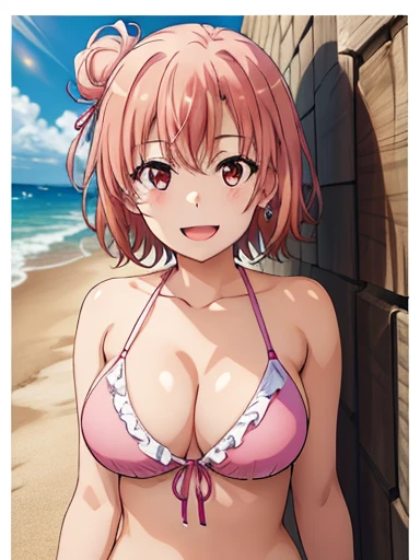 ((Tabletop, Highest quality, High resolution,  Pixel perfect, Depth of written border, 4K)), 1 Girl,  Beautiful Anime Girls, Beautiful art style, 
close, Looking at the audience, 
Perfect body, 

Yuigahama Yui, Hair Bun, short hair, Big Breasts, 
Pink ruffle bikini,
smile, Open your mouth,  
Beach, sunlight, shade, 
Upper Body, 