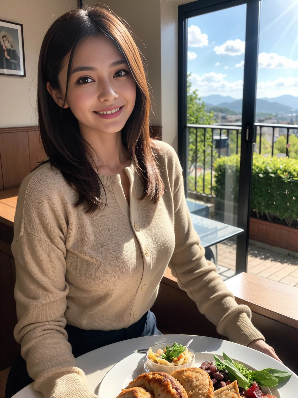 ((Highest quality、8K、masterpiece:1.3))、1 male、1 female、Couple、spouse、Couple、The body is slim、((Bob Hale、Straight hair:1.2)), (Realistic, Intricate details:1.2), テーブルの上のwine glass、Put the light on your face、 Amazing view of the sunset sky and clouds、Amazing mountain views、A bright smile、The wonderfulness of smile、Bright image、The beauty of wine, Beautiful Face, blue eyes, The light shines on your face, Blushing, short hair,Bright Face、 (Age 37), 39 years old, red wine 、Appetizers、Italian food、Wine bottle、Champagne、sparkling wine、Two beauties、Brown Hair、Shortcuts、Long sleeve shirt、dress、Beautiful woman 1, (slimな顔), (The body is slim), (Brown Hair), (Shortcuts), cheeks turn a little red,Attractive beauty、restaurant, In a prominent place (From the waist up) Nova Frog Style, actress, model, Upper Body, White wine, slim, wine glass, 中央に置かれたwine glass, smile, (smile: 1.15), Beautiful fine grain, Depth f/2,saturation, High Contrast, Strong light and shadow,Moist Body:1.5、3D texture、Delicate eyes、Brown Hair、The hair is very shiny、