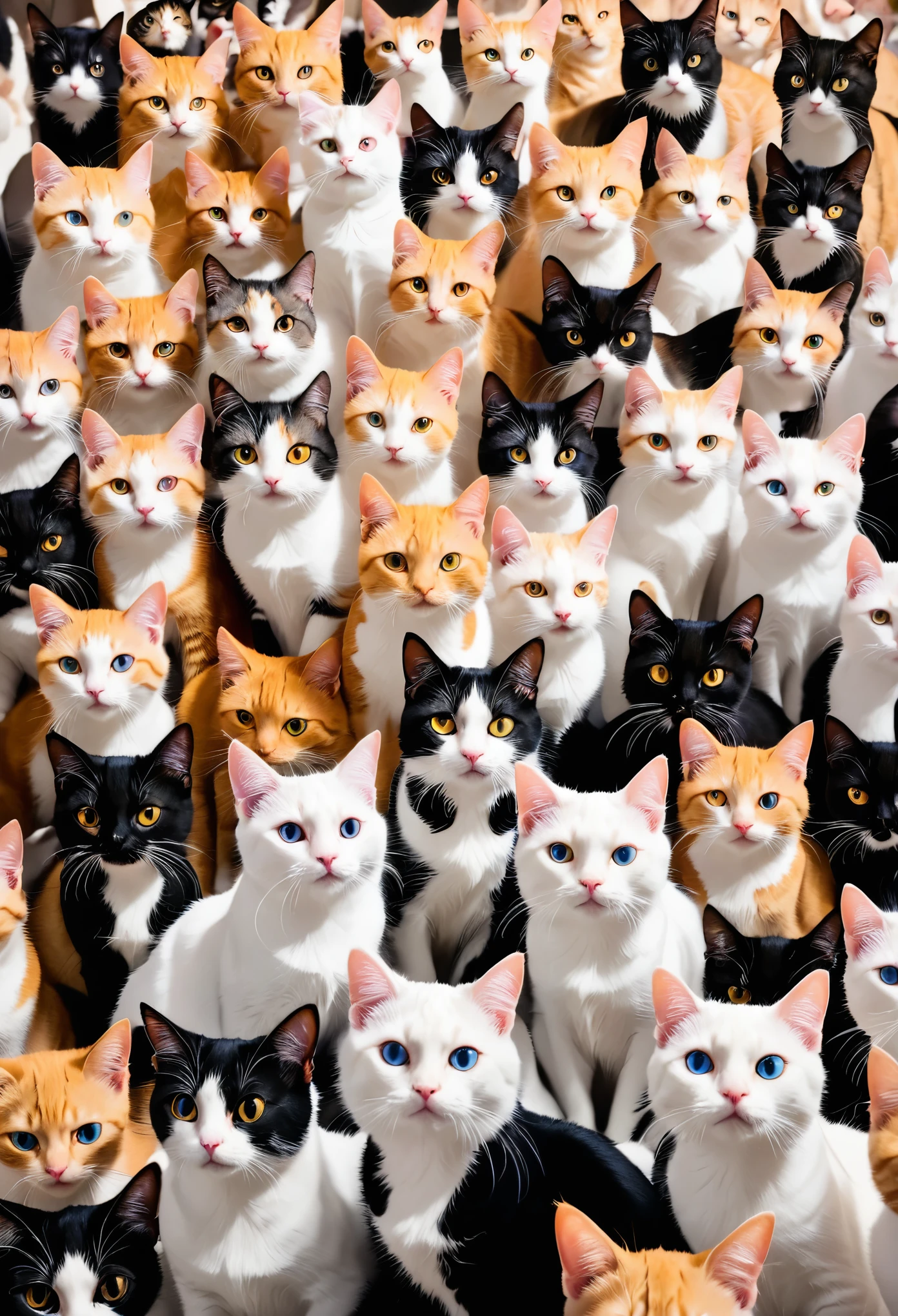 A lot of cats,Stacked on top of each othell the screen,Hyper-exposure