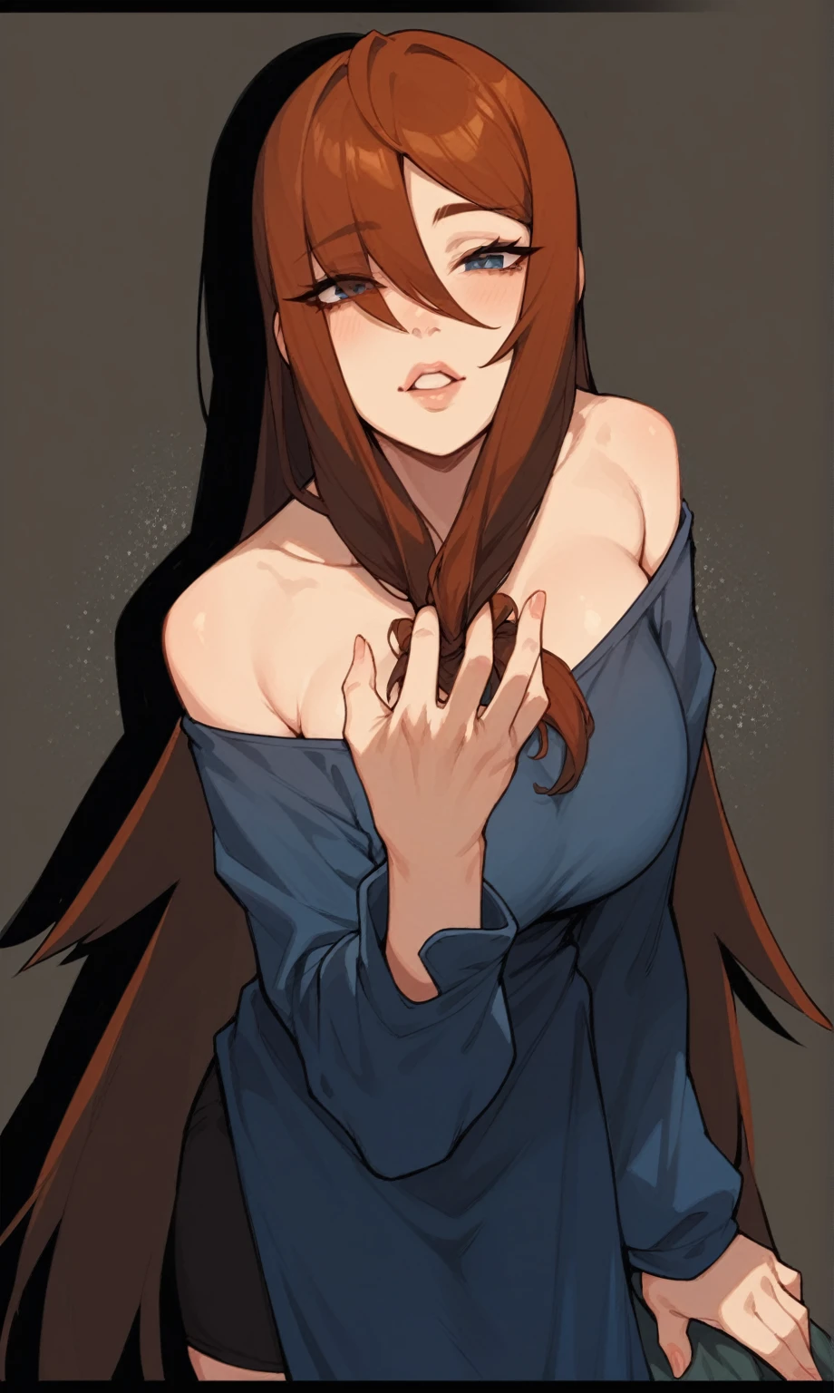 1 girls, Blue shirt, Long hair, Beautiful face, Big breasts, high-detail