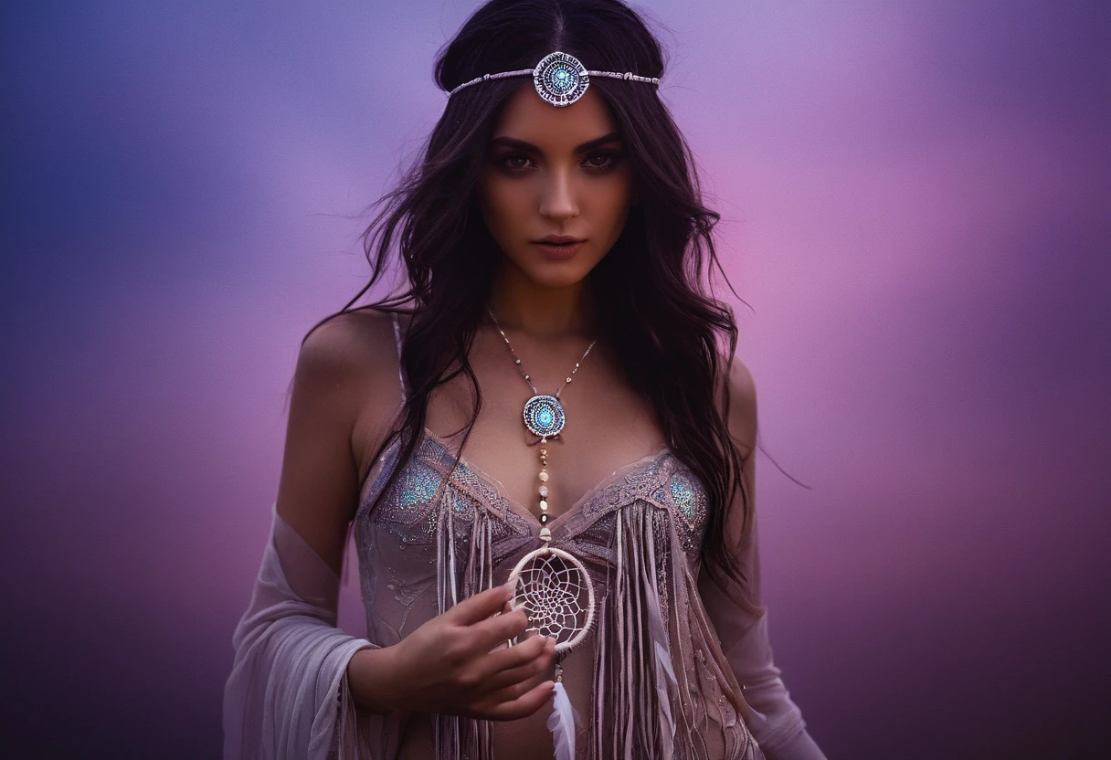 RAW photo, photorealistic, film grain, eye catchlights, atmospheric lighting, imperfections, natural, epiCRealism, art by mooncryptowow .A mesmerizing mystic-style photo of a oneiromancer standing amidst the fading twilight, her attire shimmering like crystallized dreams. The enchanting figure holds a staff with a dream catcher dangling from it, weaving a spellbinding scene that captivates the viewer. Her flowing garments emit an ethereal aura, glistening with otherworldly magic. The background features soft earthy tones, with a hint of dusk's fading light. The graphic novel style showcases flat outlines and bold ink lines, creating a captivating and dreamlike atmosphere., boudoir erotic... stylish. photoshoot. hyper-detailed hypermaximalist dynamic style. Erotic photography. Boudoir. Glamour style.... great lighting