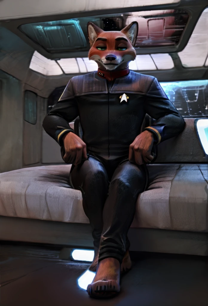 (((Barefoot furry character, full body, cinematic setting, furry male, plantigrade))) 

(((Nick Wilde))) exudes confidence and authority as he sits in the captain's chair, and his (((Star Trek DS9 uniform))) with the Starfleet Delta badge on his chest is a perfect match for his muscular figure. Handsome clawed feet paws dominate the bridge of the star ship and its crew. (((black and grey ds9st uniform with red collar))). Bridge of starship with many screens and consoles as background, futuristic look, metalic. anatomically correct, Long black pants, black shirt with gray shoulders, red collar.

BREAK, intricate details, highly detailed, extreme detail, octane render, fine art, best quality, highres, (detailed face:1.5), ((full_body)), UHD, (((perfect hands))), low light