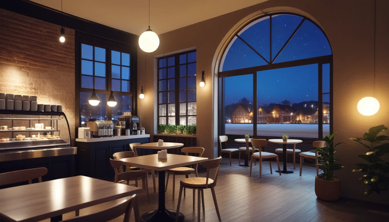 cozy coffee shop interior at night with a big window in the center