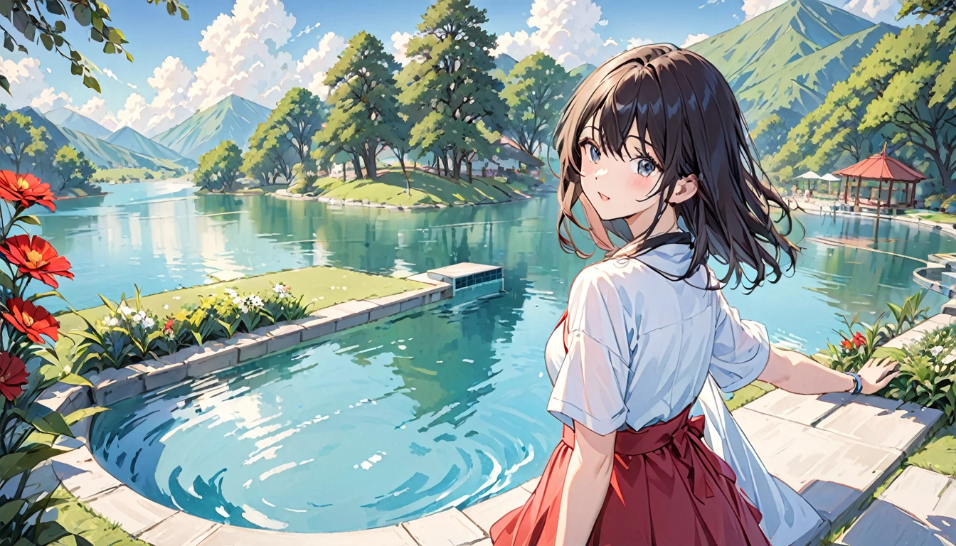 One girl、Looking at the audience、water、Pool、lake、