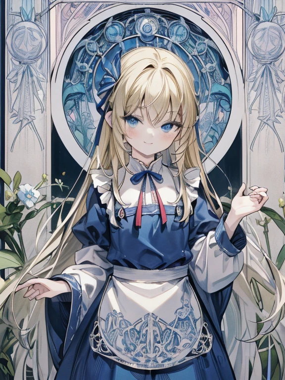 masterpiece, Highest quality, Very detailed, 16K, Ultra-high resolution, Cowboy Shot, Alice in Wonderland, (art nouveau:1.5), 10-year-old girl, Detailed face, smile, blue eyes,Blonde, Long Hair, Ribbon on head, Blue clothes, White apron, In a room with a big clock
