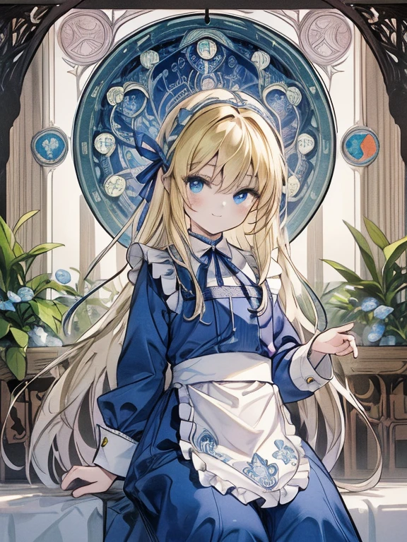 masterpiece, Highest quality, Very detailed, 16K, Ultra-high resolution, Cowboy Shot, Alice in Wonderland, (art nouveau:1.5), 10-year-old girl, Detailed face, smile, blue eyes,Blonde, Long Hair, Ribbon on head, Blue clothes, White apron, In a room with a big clock