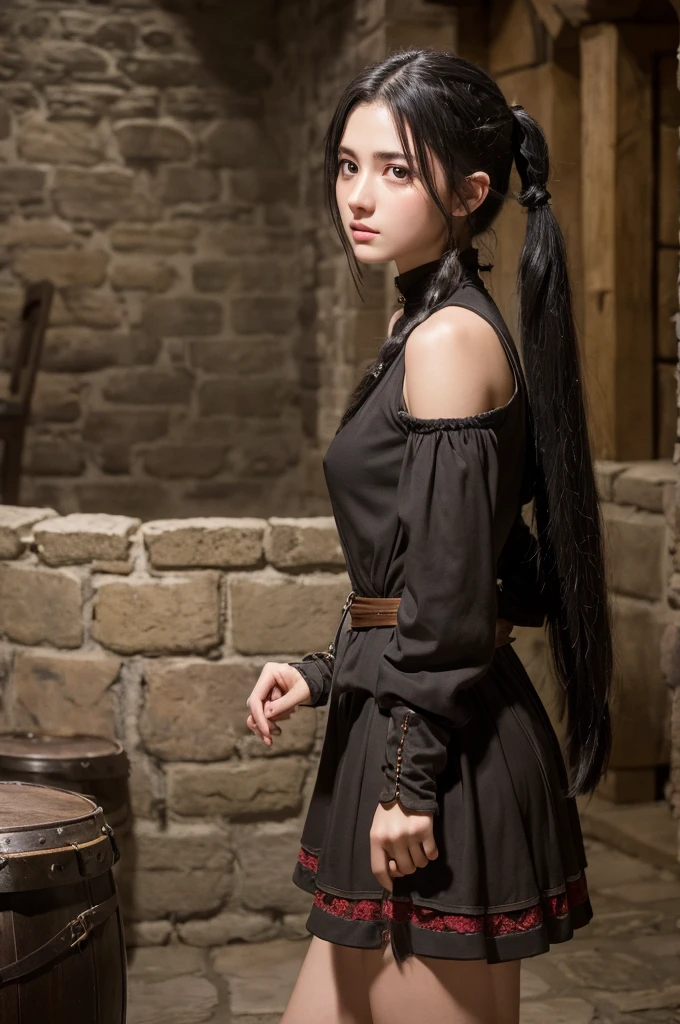 Highest quality, masterpiece, Ultra-high resolution, (Realistic:1.4), RAW Photos, One girl,, Black Hair, whole body、Medieval European style、Twin tails、Dungeons、In combat