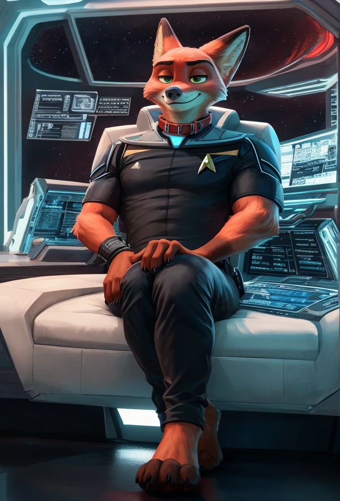 (((Barefoot furry character, full body, cinematic setting, furry male, plantigrade)))
(((Nick Wilde))) exudes confidence and authority as he sits in the captain's chair, and his (((Star Trek DS9 uniform))) with the Starfleet Delta badge on his chest is a perfect match for his muscular figure. Handsome clawed feet paws dominate the bridge of the star ship and its crew. (((black and grey ds9st uniform with red collar))). Bridge of starship with many screens and consoles as background, futuristic look, metalic. anatomically correct, Long black pants, black shirt with gray shoulders, red collar.
BREAK, intricate details, highly detailed, extreme detail, octane render, fine art, best quality, highres, (detailed face:1.5), ((full_body)), UHD, (((perfect hands))), low light