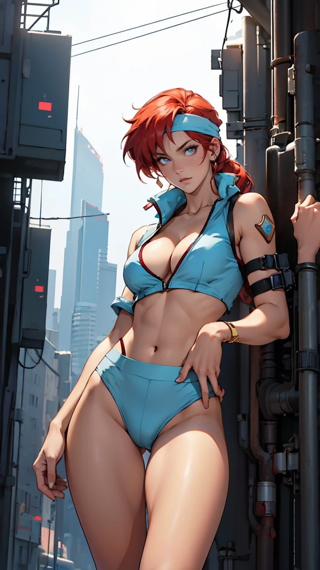 ((Masterpiece, highest quality; 1.3)), super quality, beautiful detail, super detailed, extra fine, 16K, exquisite, absurd, high resolution, beautiful background, detailed background, beautiful eyes, beautiful skin, anime style, Kay from Dirty Pair in a white outfit, tight outfit, cleavage, bushy redhead beauty, very light blue uniform, wearing tight clothes, skimpy, (mid chest: 1.2), cleavage, cleavage, slim waist , thin waist, slim thighs, thin legs, slim legs. thigh gap, showing stomach, skinny, thin hips, cyberpunk city background, holding retro space gun , headband,