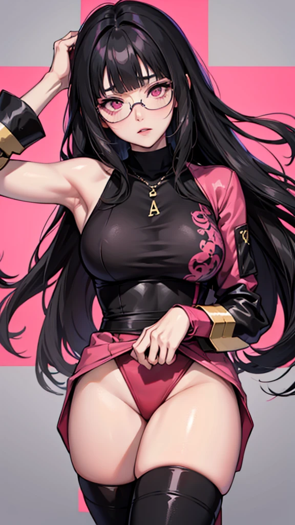 1woman, long hair, black hair, pink eyes, glasses, blunt bangs, Straight hair, loraeyes, loraeyes, anime, 8k, 4k, high Quality,