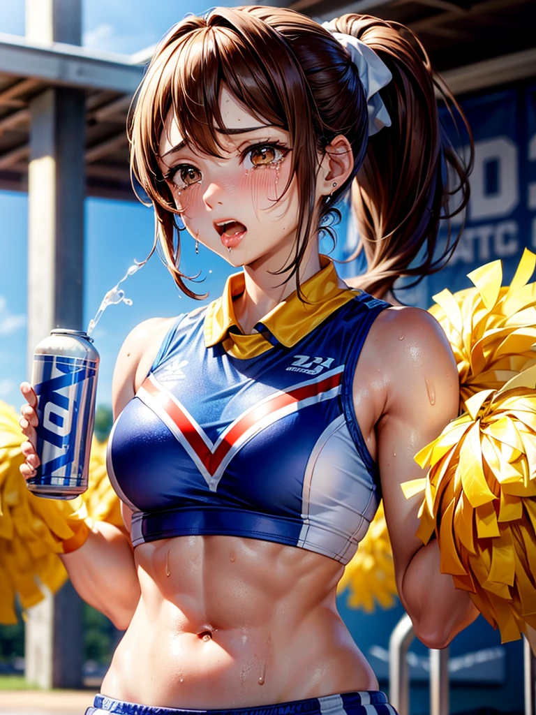 Highest Resolution,Highest quality,((Cheerleader holding a sports drink)),sunny,Tears and saliva dripping,Brown hair ponytail,Sweating profusely,whole body,Belly button,Abdominal muscles,Crying face,