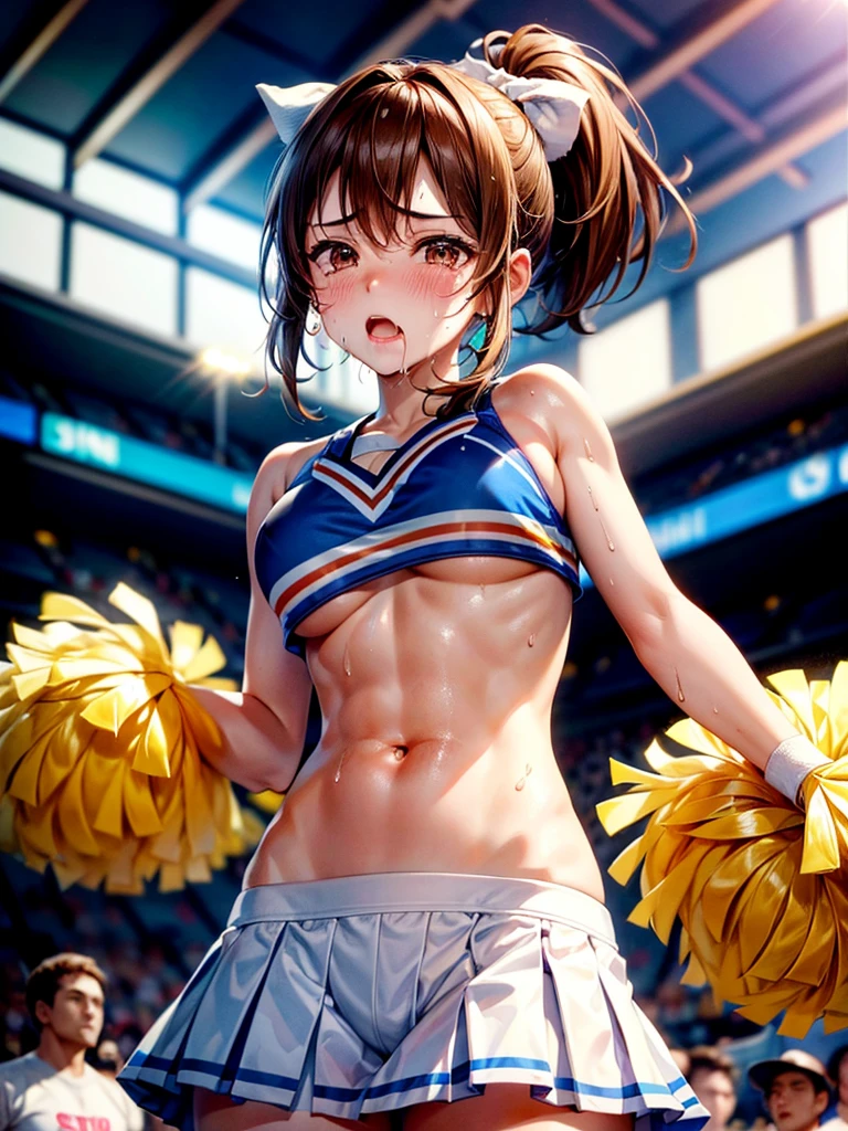 Highest Resolution,Highest quality,((Cheerleader holding a sports drink)),sunny,Tears and saliva dripping,Brown hair ponytail,Sweating profusely,whole body,Belly button,Abdominal muscles,Crying face,