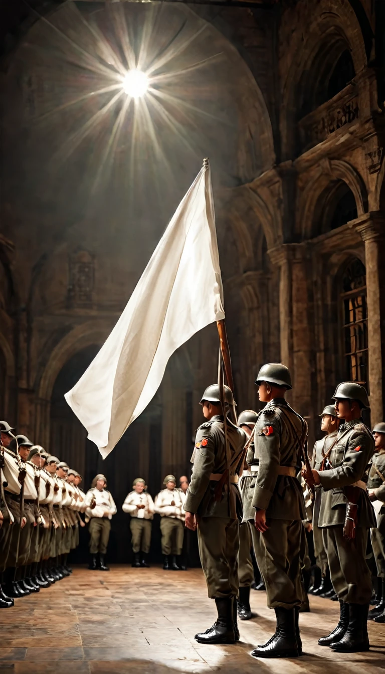 Soldiers in formation witnessing the raising of a white flag during a formal surrender, holding a white flag, hyper realistic, ultra detailed hyper realistic, photorealistic, Studio Lighting, reflections, dynamic pose, Cinematic, Color Grading, Photography, Shot on 50mm lens, Ultra-Wide Angle, Depth of Field, hyper-detailed, beautifully color, 8k, golden light from the front,