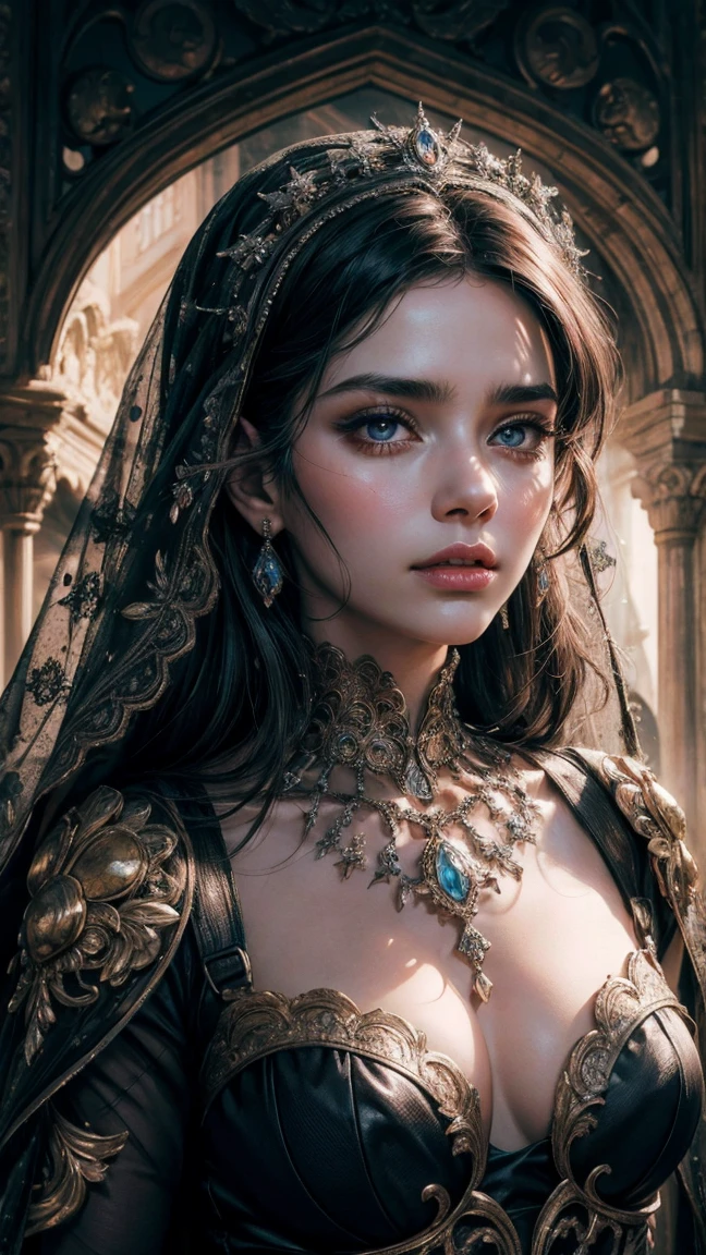 Portrait of woman, catholic virgin, dress with veil , whole body, (8k, photo and gross, of the highest quality), Hyper realistic, intricate summary, Intricate artwork, abstract style, Striking portrait, threatening, creature from another world, [devil:darkness:35], [Temple, roman church , frozen landscape, cold and desolate, fearsome power and ethereal presence, non-representational, Colors and shapes, expression of feelings, imaginative, Very detailed, transparencies, shadows, Contrasts, Extremely high resolution details, photographic, Realism taken to the extreme, fine texture, 4k, ultra detailed, high quality, high contrast made of warm colored resin