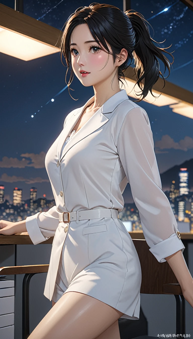 National Science Foundation,(((masterpiece))),masterpiece,High resolution,Highest quality,Highest quality,8K,art,uhd, high details, highres, 8K, 16K, high quality, best quality, super detail, textured skin, masterpiece, accurate, anatomically correct, award winning,Kyoto Animation Style,Your Name movie style,Looking into the camera,To the camera,(((knee shot))),night,真night中,Soft and pale light,meteor,(1 female: 1.3),(alone: 1.4),(((Black Hair))),(((ponytail))),(((Medium Hair))),美しいBlack Hair,光沢のあるBlack Hair,Hair blowing in the wind,(((Office lady style fashion))),((A cute woman in an OL suit))),(White blouse),(((Women's Bowtie Blouses))),(((Grey color tight skirt))),(necklace),(シルバーのnecklace),Silver Earrings,Long eyelashes,Thin legs,Feminine poses,Sexy pose,Show the whole body,Close-up of the whole body,Best body style women,nightの星空,Eyes as deep as the starry sky,(((Pale blue eyes))),Watery eyes,Little tears,Blushed,shy,Smile with slightly open lips,Quietly smiling face,mystery,mystery的,Woman as beautiful as an angel,