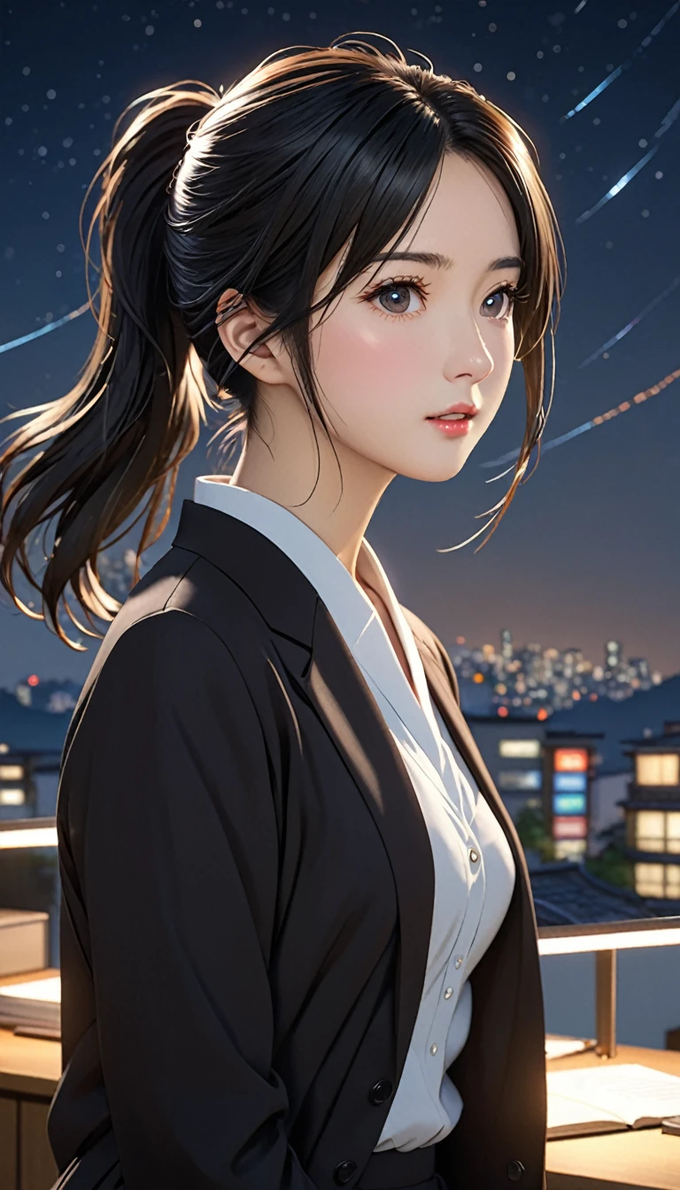 National Science Foundation,(((masterpiece))),masterpiece,High resolution,Highest quality,Highest quality,8K,art,uhd, high details, highres, 8K, 16K, high quality, best quality, super detail, textured skin, masterpiece, accurate, anatomically correct, award winning,Kyoto Animation Style,Your Name movie style,Looking into the camera,To the camera,(((knee shot))),night,真night中,Soft and pale light,meteor,(1 female: 1.3),(alone: 1.4),(((Black Hair))),(((ponytail))),(((Medium Hair))),美しいBlack Hair,光沢のあるBlack Hair,Hair blowing in the wind,(((Office lady style fashion))),((A cute woman in an OL suit))),(White blouse),(((Women's Bowtie Blouses))),(((Grey color tight skirt))),(necklace),(シルバーのnecklace),Silver Earrings,Long eyelashes,Thin legs,Feminine poses,Sexy pose,Show the whole body,Close-up of the whole body,Best body style women,nightの星空,Eyes as deep as the starry sky,(((Pale blue eyes))),Watery eyes,Little tears,Blushed,shy,Smile with slightly open lips,Quietly smiling face,mystery,mystery的,Woman as beautiful as an angel,