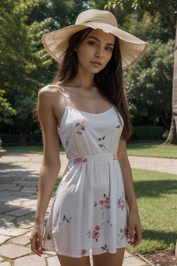 1girl in, 30 years old, Square face, Long hair, Looking at viewer, jewelry, Reality, Sexy, in a flowing A-line, floral dress complemented by a wide-brimmed hat, in a picturesque park or botanical garden
