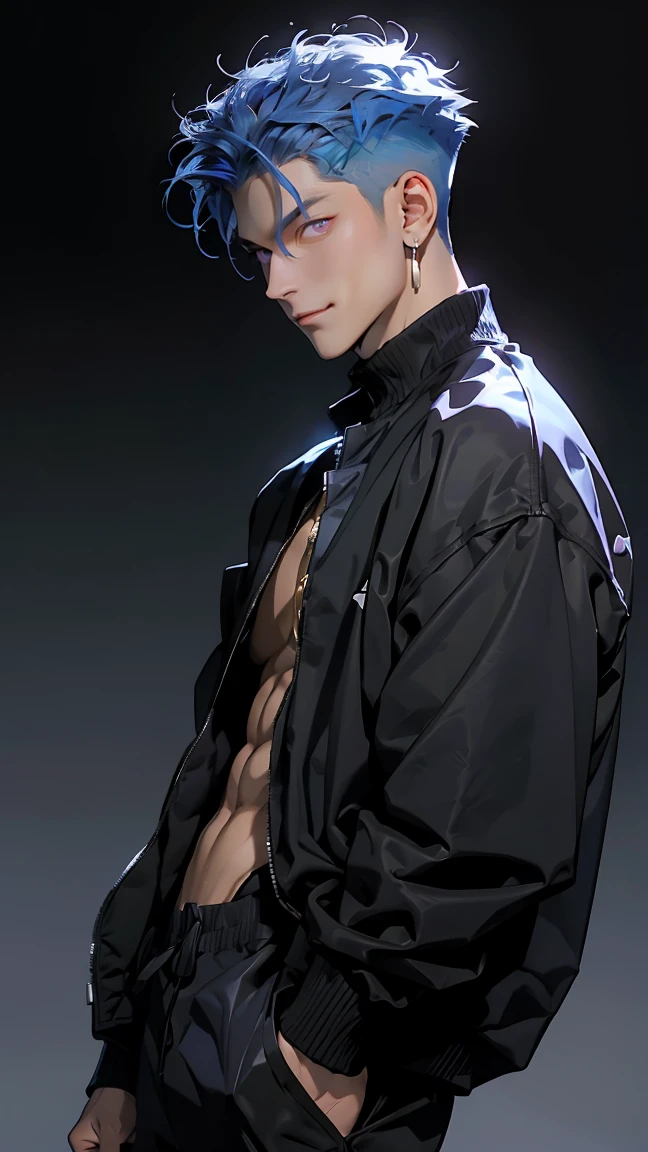 highest quality, 8K, high resolution image, anime style Jujutsu Kaisen, (Gilgamesh | Fate), detailed strokes, bored look , blurred, purple light reflecting from it, (close angle), 1 man, young, male, model, hand in pocket, cool guy, multicolored Background with various geometric shapes, around stickers, muscular, Blue hair, Hairstyle, Hairstyle:Undercut, Red eyes, short Hair, Blue hair, highlighted hair ,swollen chest, He is wearing a black sportjacket and black sweatpants, Black Sportjacket, black sweatpants and a gold link chain, sweatpants, Background: Room,