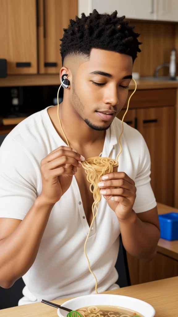 A young man eating ramen noodles, wearing earphones
