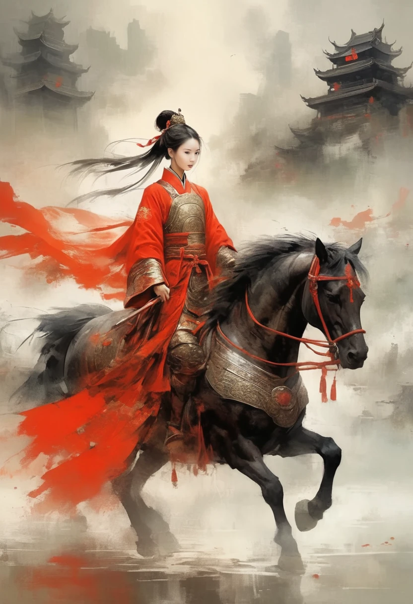 There is light rain under the sky, with elegant colors.A young ancient Chinese girl, with her hair tied up high, dressed in red and ancient armor, leading a horse， the background is the lively fair,the big scene, the big scene,Atmospheric , in style of faint watercolor