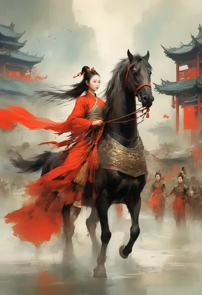 There is light rain under the sky, with elegant colors.A young ancient Chinese girl, with her hair tied up high, dressed in red and ancient armor, leading a horse， the background is the lively fair,the big scene, the big scene,Atmospheric , in style of faint watercolor