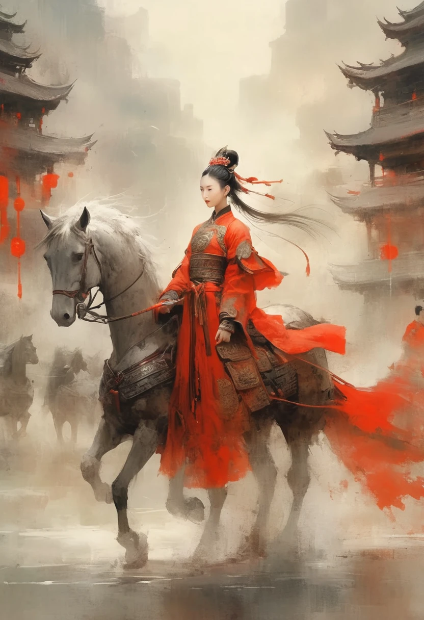 There is light rain under the sky, with elegant colors.A young ancient Chinese girl, with her hair tied up high, dressed in red and ancient armor, leading a horse, the background is the lively fair,the big scene, the big scene,Atmospheric , in style of faint watercolor