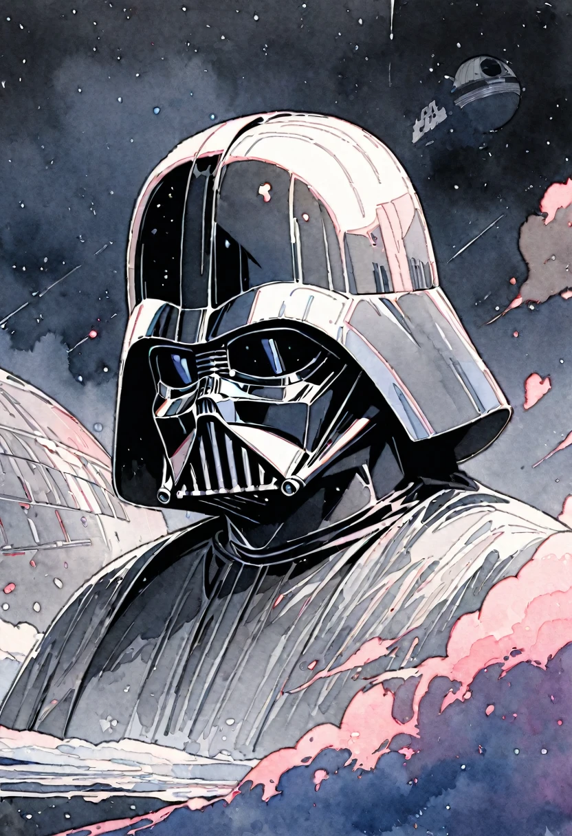 (masterpiece),(Highest quality),(Super detailed),(High resolution),((Line art)),((Watercolor)),8K,wallpaper,Darth Vader,Star Wars,((Death Star in the background))