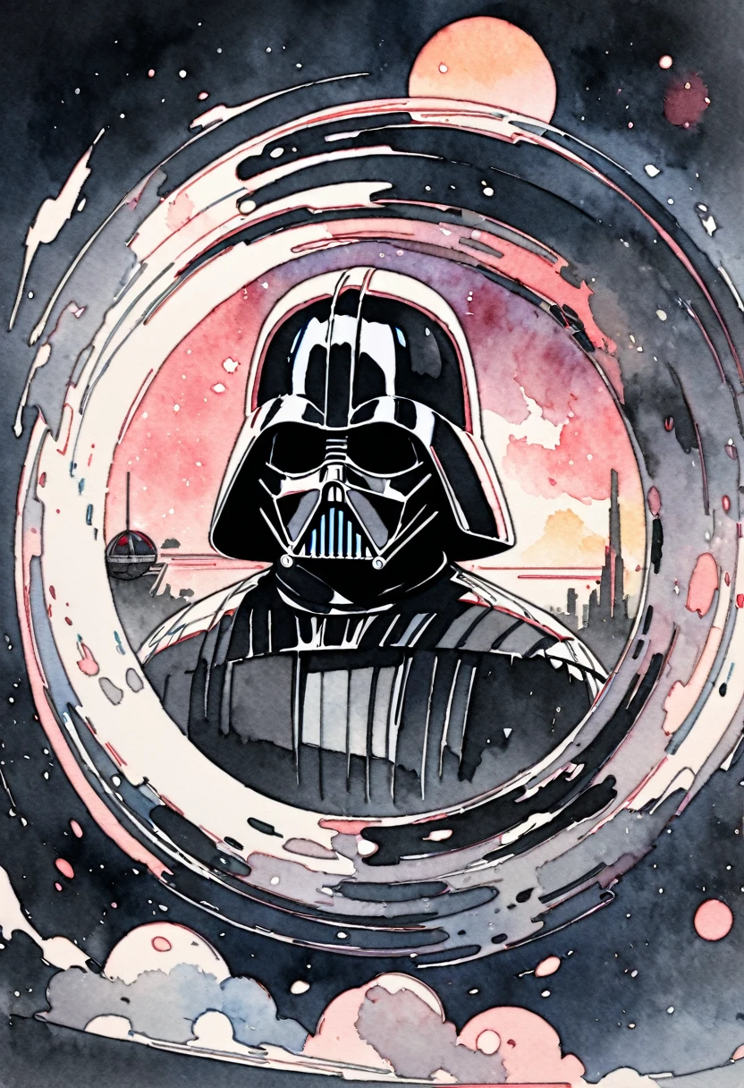 (masterpiece),(Highest quality),(Super detailed),(High resolution),((Line art)),((Watercolor)),8K,wallpaper,Darth Vader,Star Wars,((Death Star in the background))